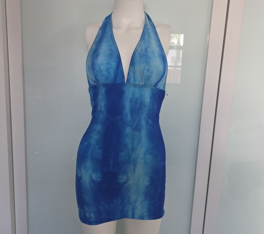 Blue Tie-Dye Halter Swim Dress